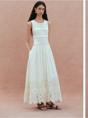 Fabrique Sleeveless White Eyelet Maxi Dress with Contrast Trim